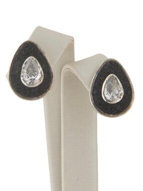 Sterling Silver Earrings with Balinese Black Lava and Cubic Zirconia